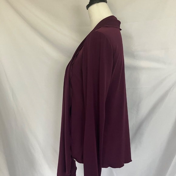 Woman’s Burgundy Open Front Lightweight Asymmetrical Ruffle Collar Cardigan - Picture 3 of 5